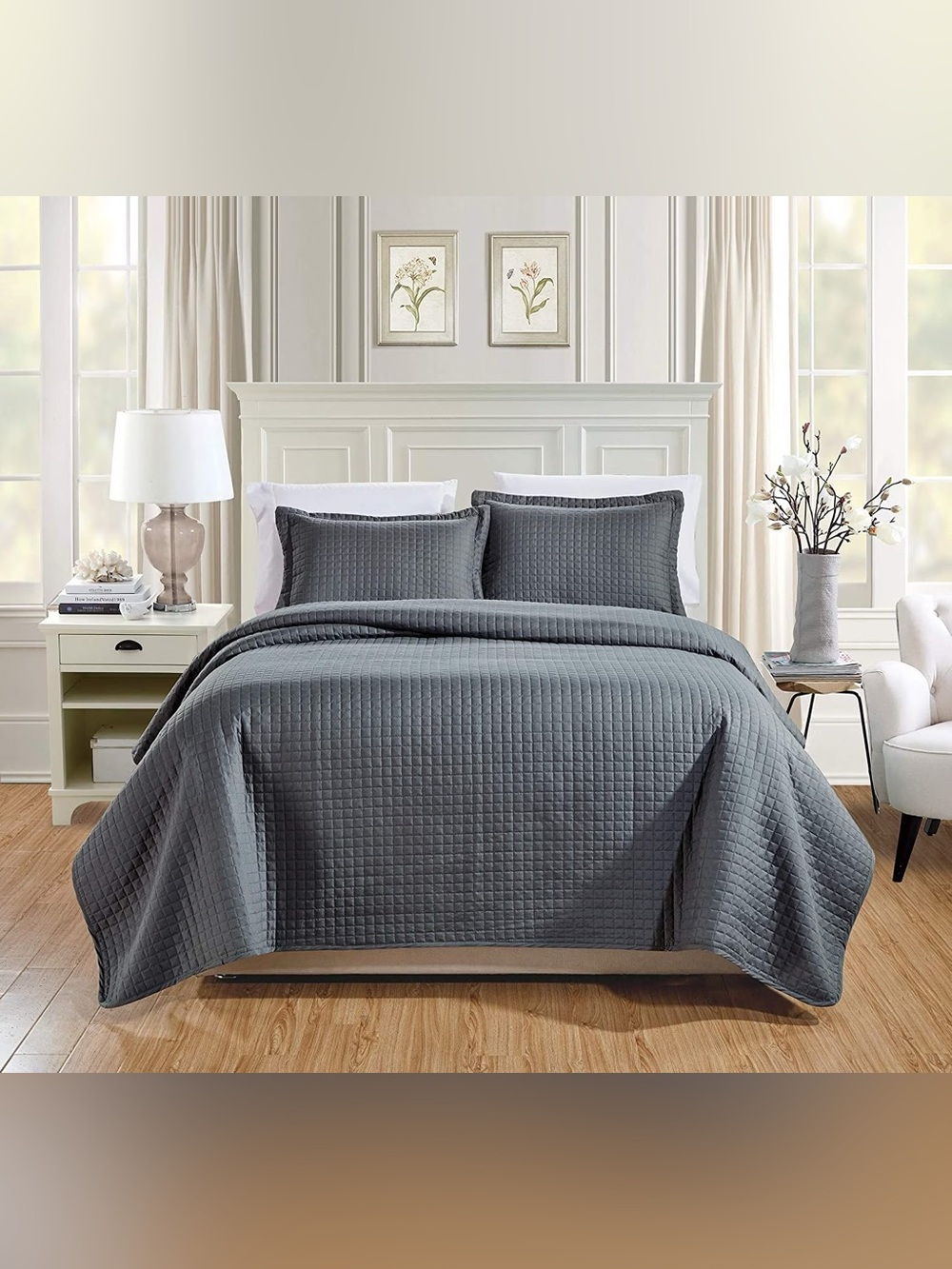 Gray Quilted Queen 3 piece Bedspread Set